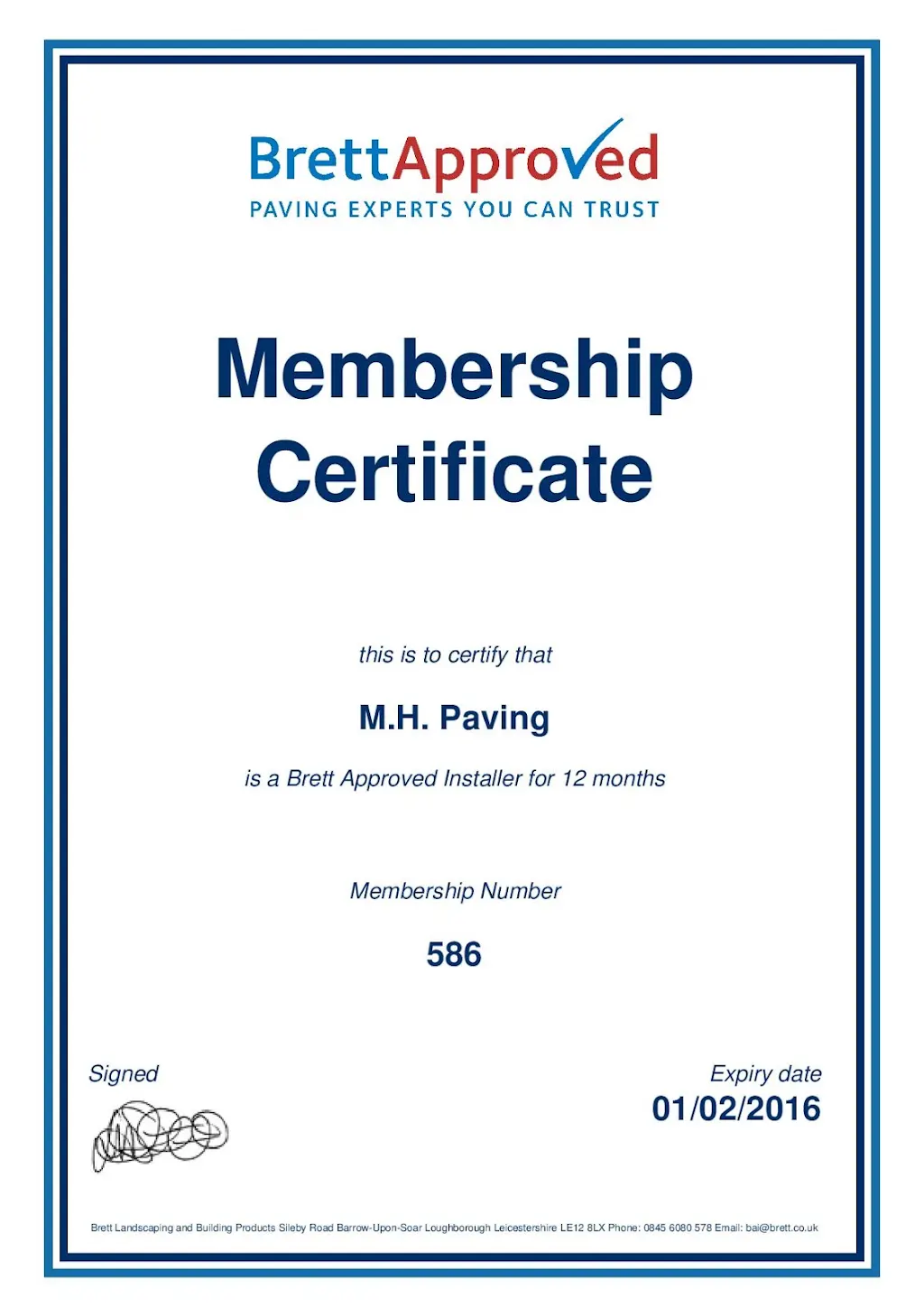 Brett Approved Installer certificate